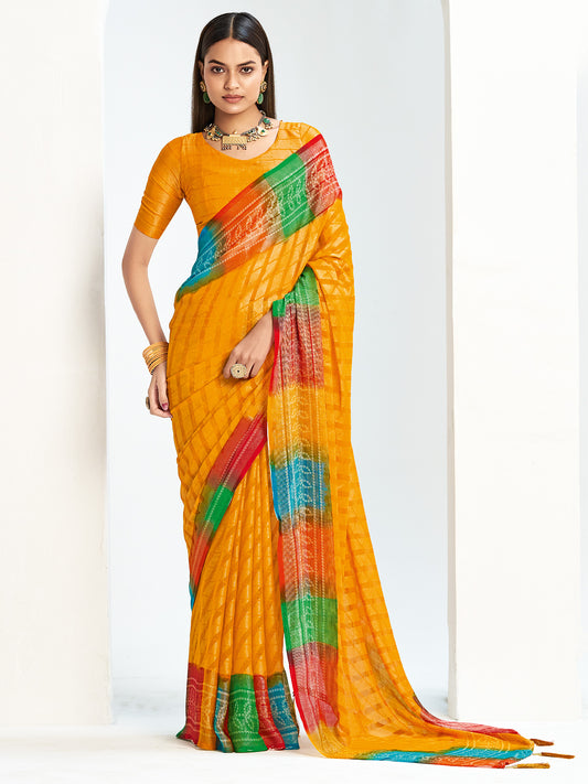 Sona Dhiya Bandhani Georgette Saree in Mango Yellow with Rainbow Border