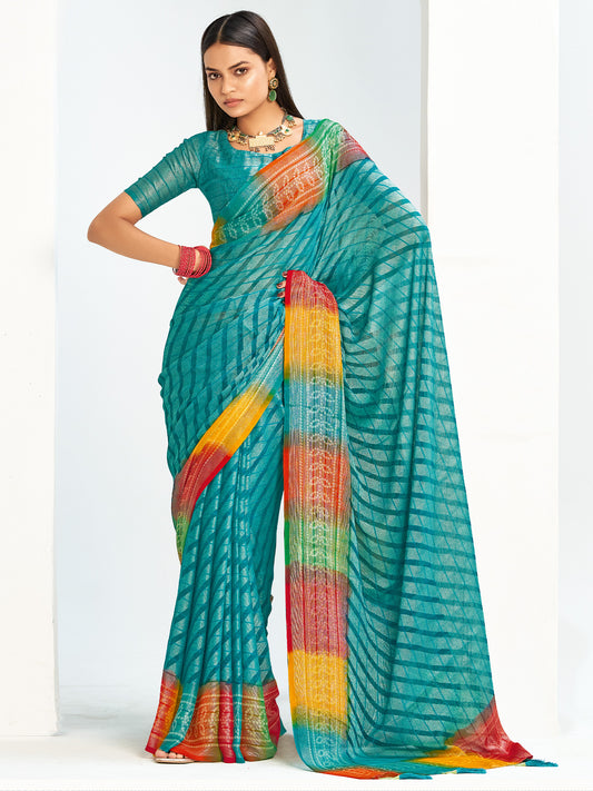 Teal Bandhani Georgette Saree with Rainbow Border