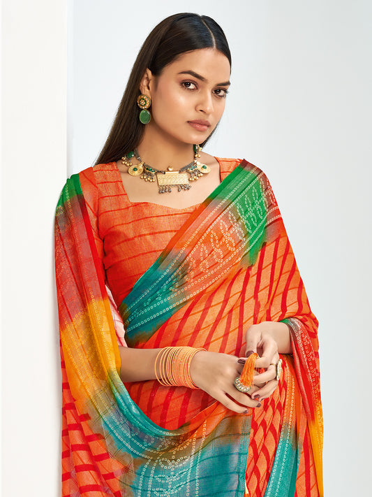 Orange Bandhani Chiffon Saree with Multicolour Rainbow Border |