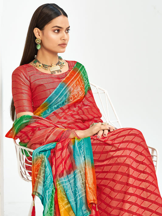 Red Bandhani Georgette Saree with Rainbow Border |