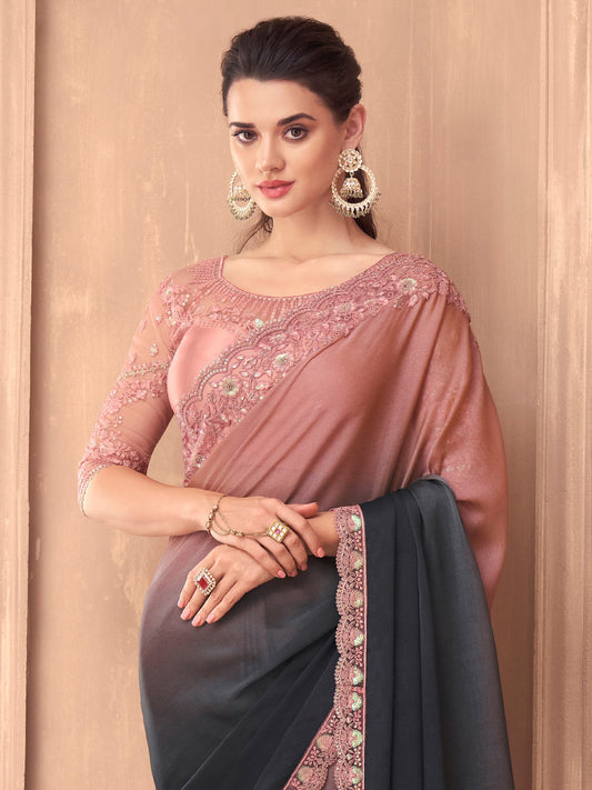 Black to Peach Ombre Embellished Saree