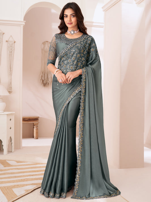 Steel Grey Embellished Party wear Saree