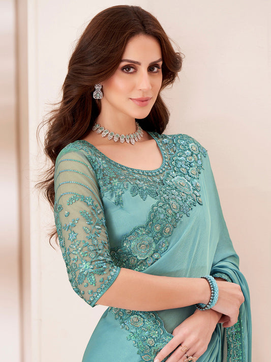 Blue Satin Embroidery Saree