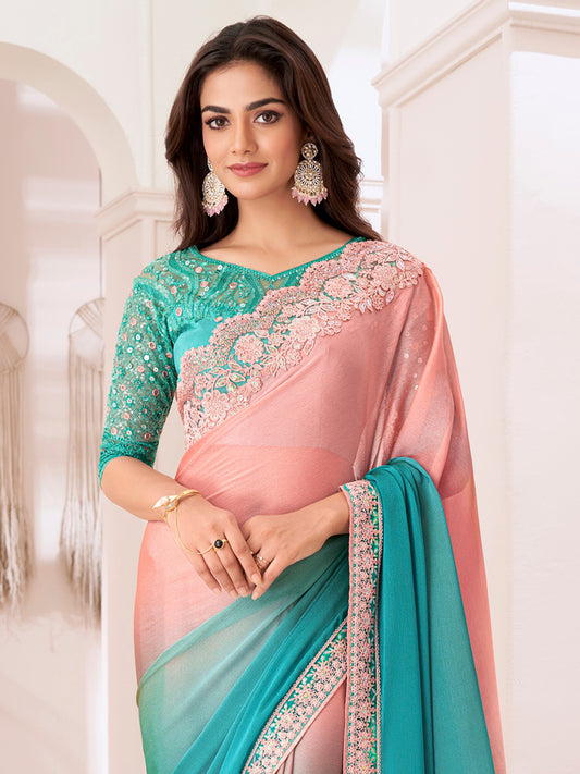 Teel Green & Peach Emblished Ombre Saree