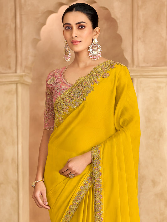Mustard Yellow Plain Satin Saree