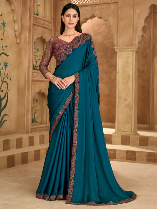 Teal Blue Satin Emblished Party Wear Saree