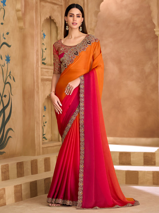 Satin Emblished Red & Orange Saree