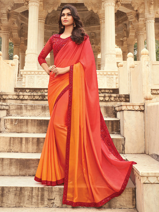 Orange Embellished Party wear Saree