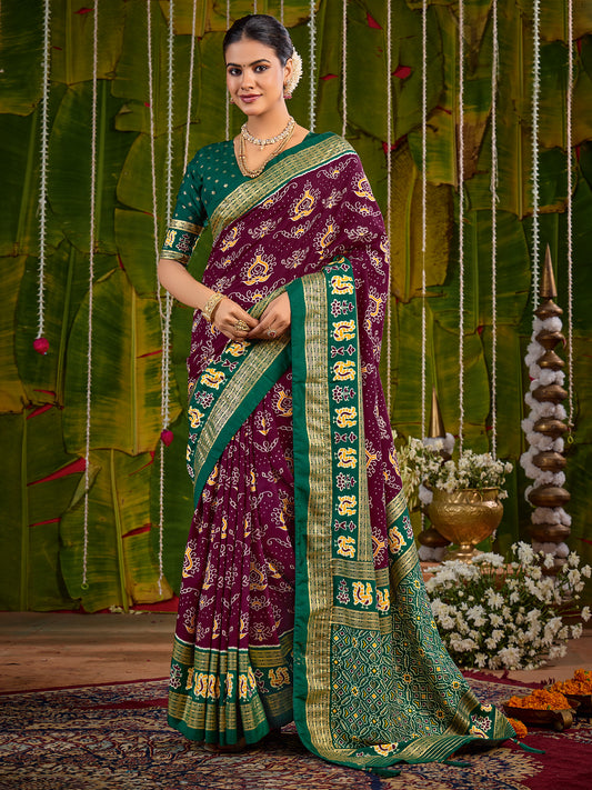Maroon & Green Bandhani Silk Saree with Zari Border