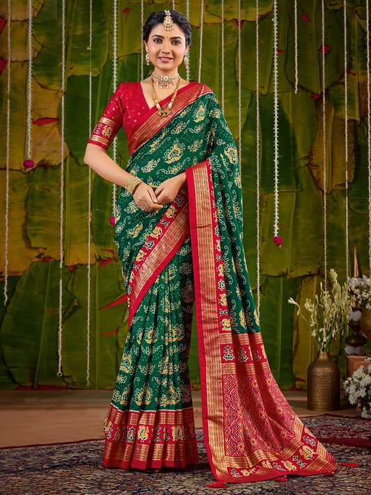 Green & Red Bandhani Silk Saree with Patola Pallu