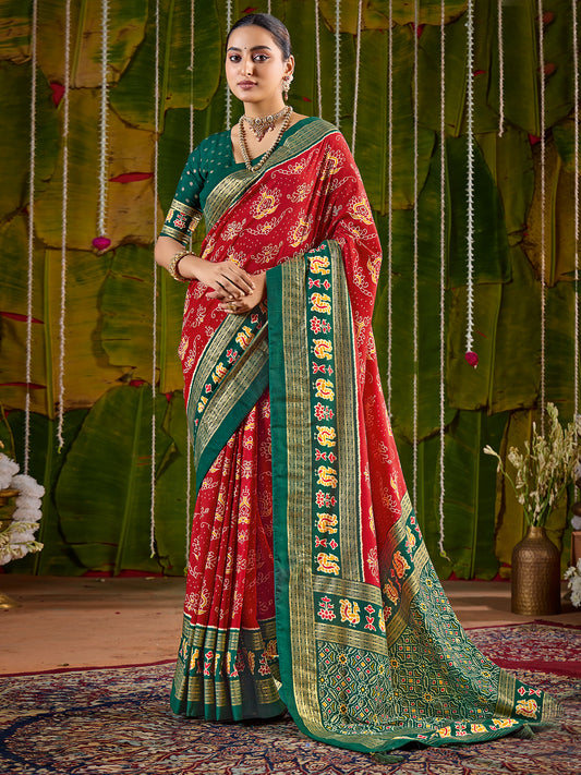 Red & Green Bandhani Patola Silk Saree