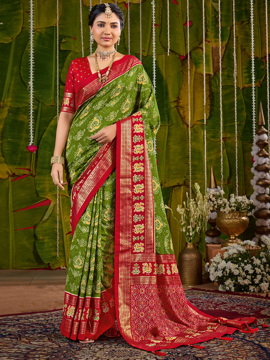 Green & Red Bandhani Silk Saree with Zari Border