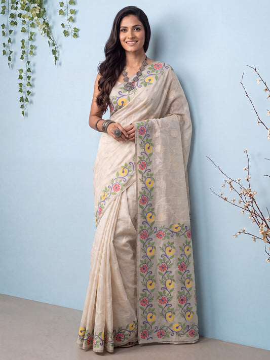 Off-White Multicolour Kantha Floral Cotton Saree