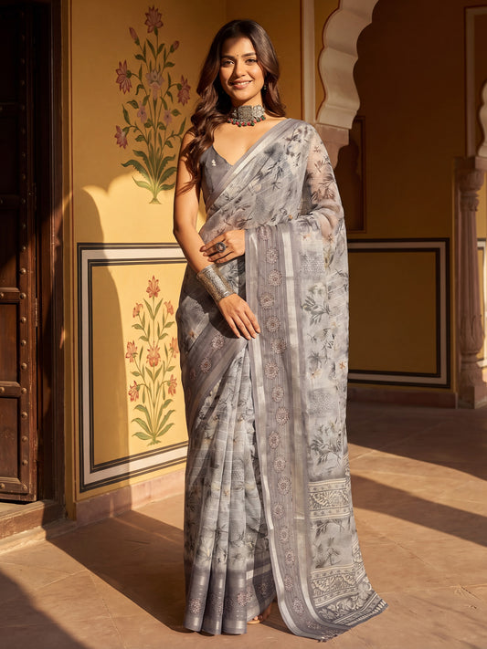 Grey Floral Printed Georgette Saree
