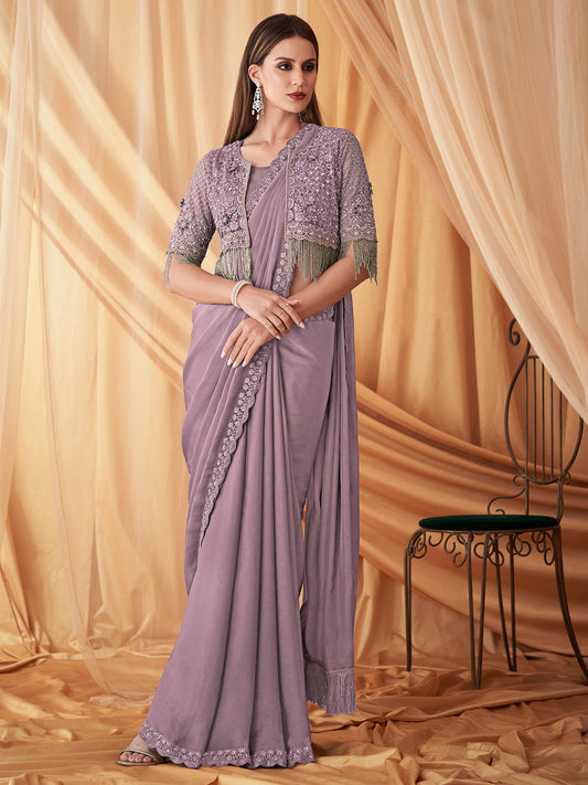 Mauve Georgette Emblished Party Wear Saree