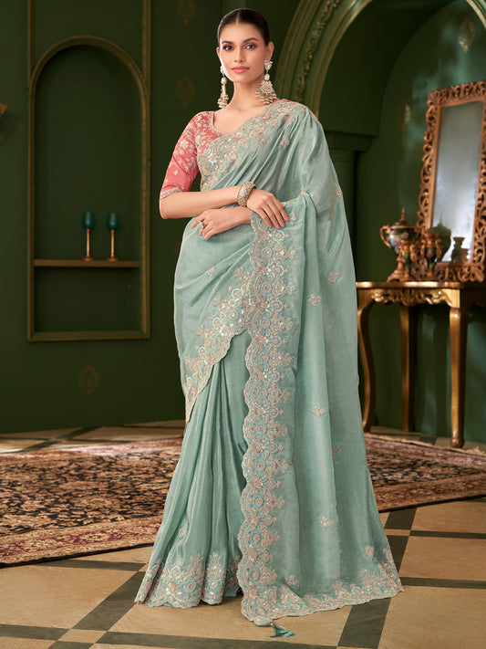 Sea Green Tissue Silk Saree with Scalloped Border