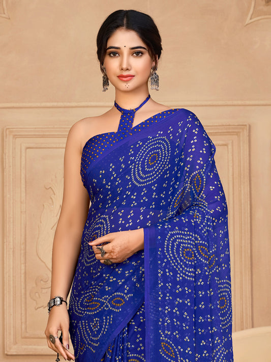 Royal Blue Bandhani Print Georgette Saree