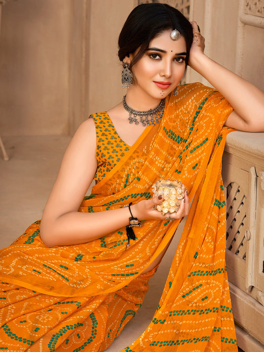 Radiant Mustard Yellow Bandhani Print Chiffon Saree