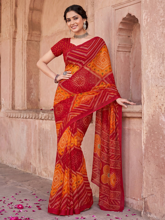 Red &Orange Bandhani Digital Print Chiffon Saree