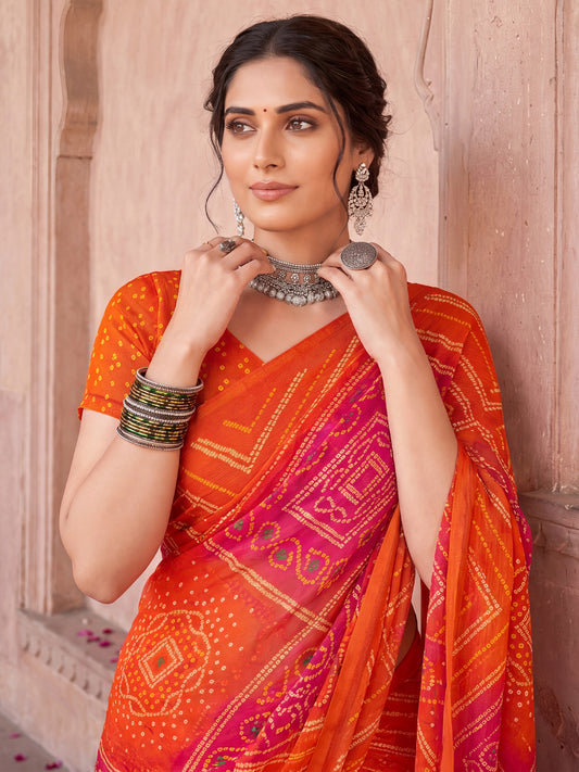 Orange & Rani Pink Bandhani Printed Chiffon Saree