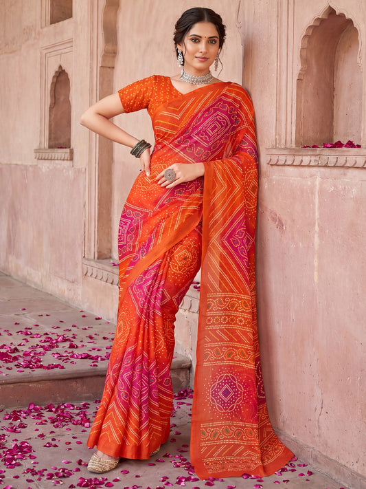 Orange & Rani Pink Bandhani Printed Chiffon Saree