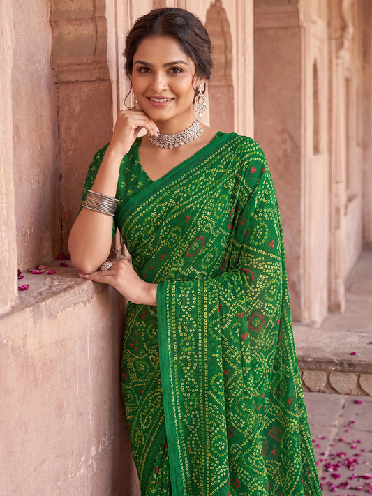 Green& Bandhani Digital Printed Chiffon Saree
