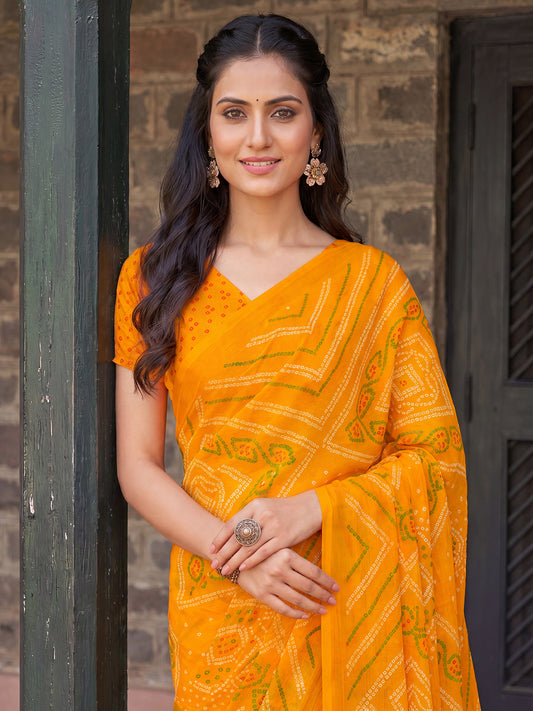 Mustard Yellow Bandhani Printed Chiffon Saree