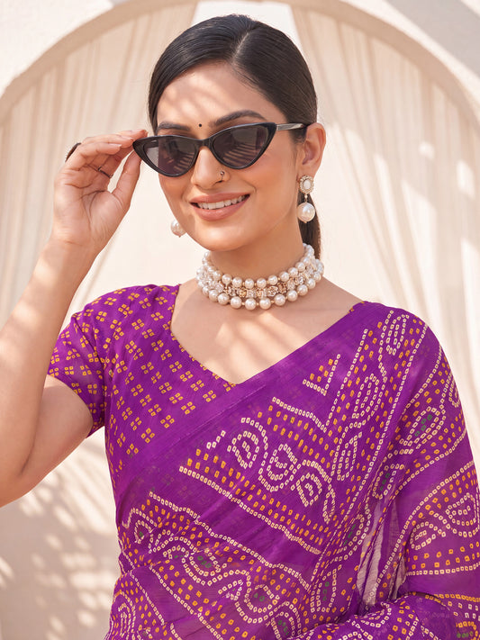 Purple Bandhani Print Chiffon Saree