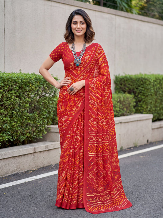 Mahika Red Bandhani Chiffon Saree with Printed Border & Red Blouse Piece