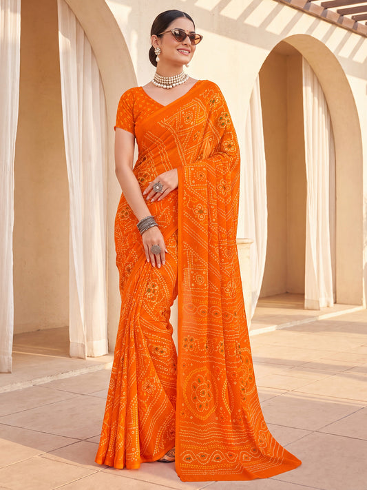 Bright Orange Bandhani Print Chiffon Saree
