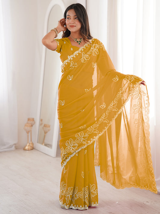 Mustard Georgette Embroidered Saree with Blouse Piece