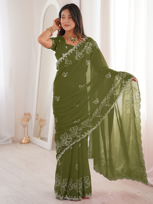 Olive Green Georgette Embroidered Saree