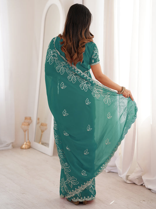 Teal Georgette Embroidered Saree with Blouse Piece