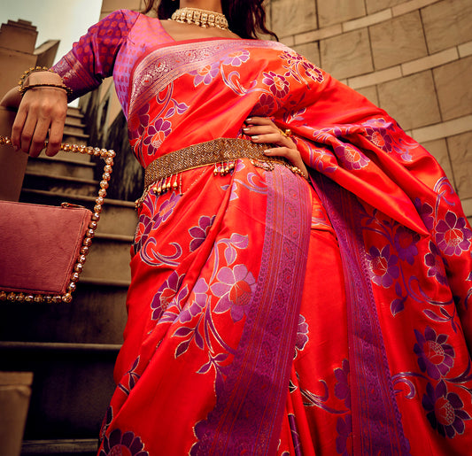Advika Red Botanical Satin Silk Saree with Zari Border & Red Blouse Piece