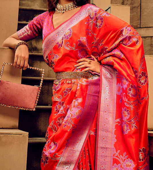 Advika Red Botanical Satin Silk Saree with Zari Border & Red Blouse Piece