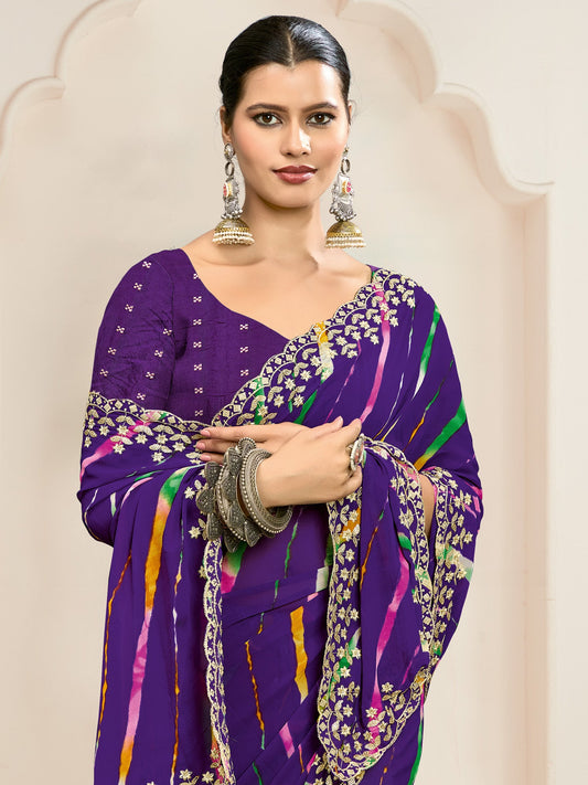 Purple Leheriya Georgette Saree with Embroidered Border