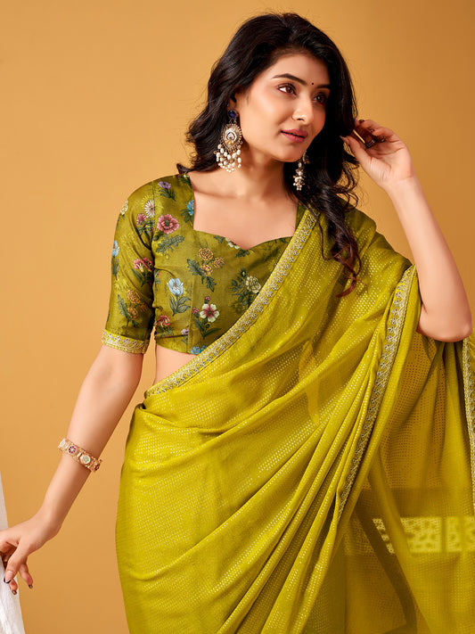 Mehndi Green Silk Saree with Floral Printed Blouse