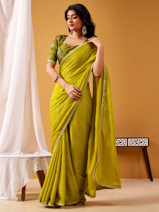 Mehndi Green Silk Saree with Floral Printed Blouse