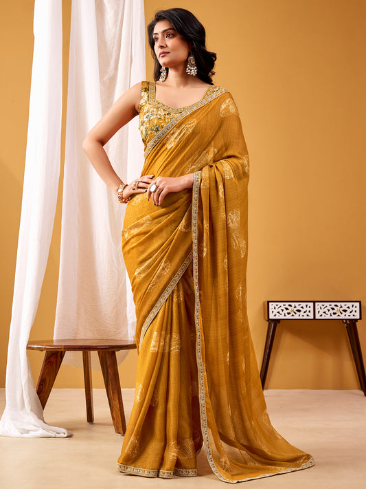 Mustard Embroidered Saree with Floral Blouse