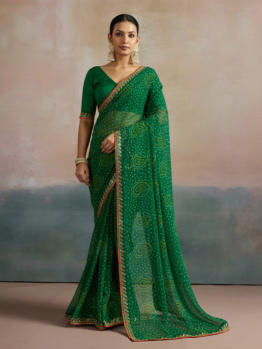 Emerald Green Paisley Bandhani Georgette Saree