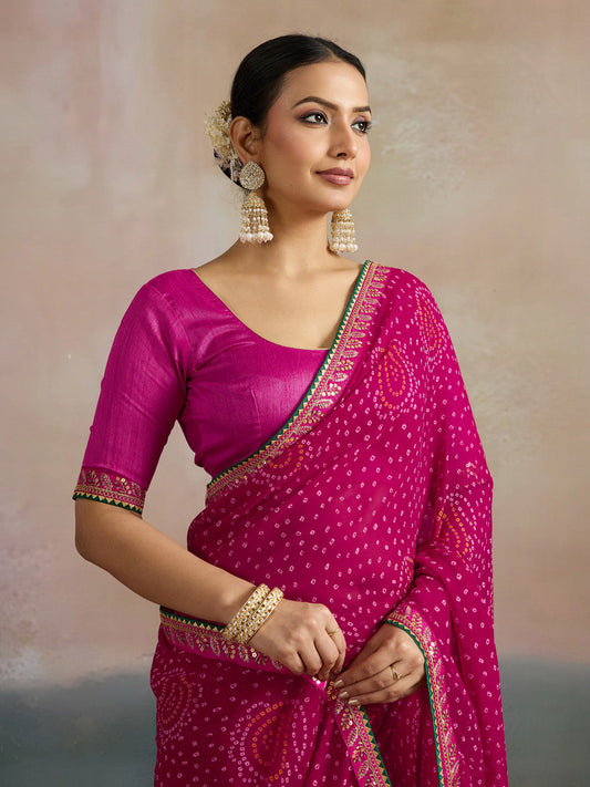 Magenta Pink Paisley Bandhani Georgette Saree with Green Border