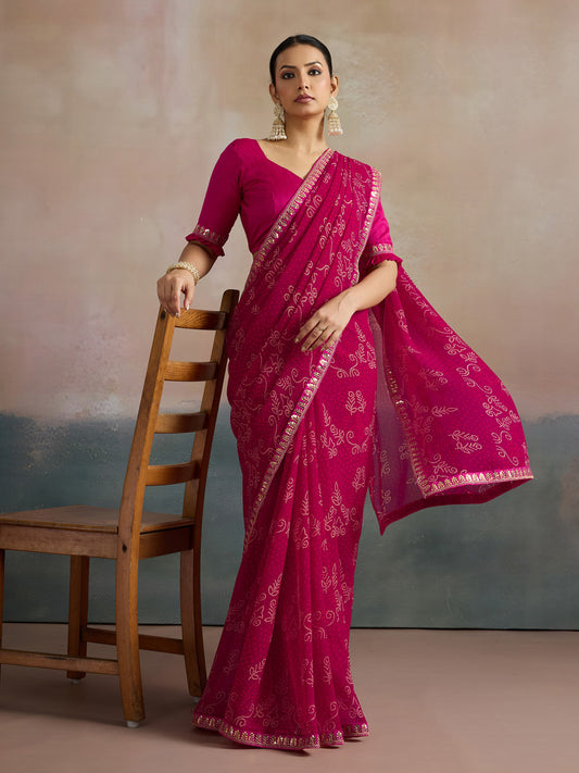 Rani Pink Floral Bandhani Printed Saree