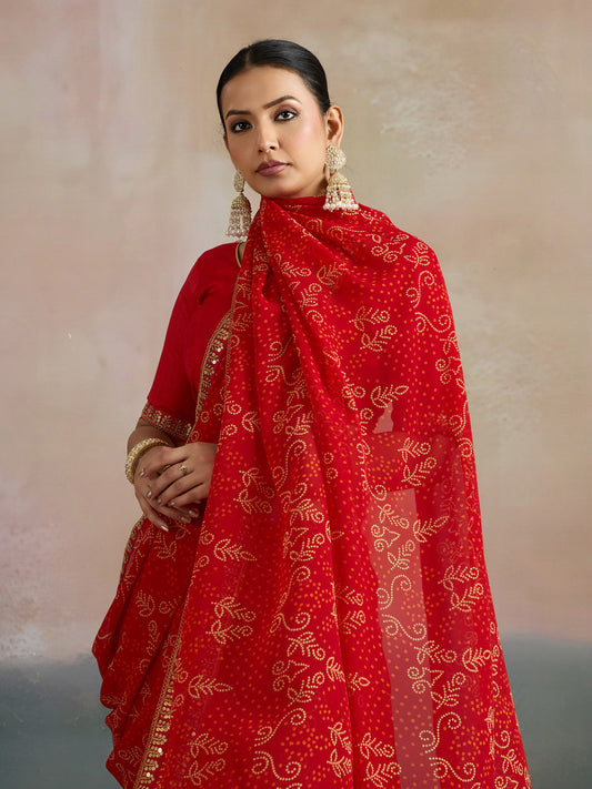 Red Bandhani Print Sequin Border Saree