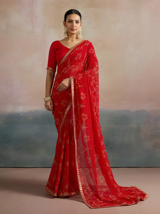 Red Bandhani Print Sequin Border Saree