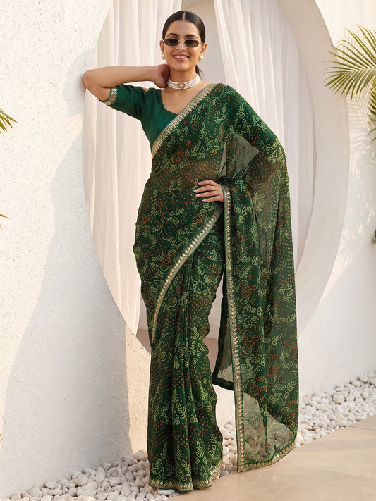 Dark Green Foil Print & Mirror Embroidered Border Georgette Saree