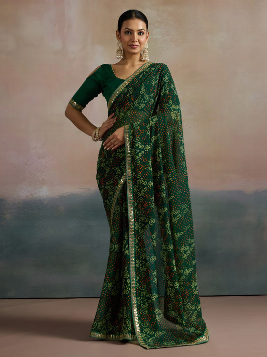Bottle Green Sequin Work Bandhani Saree