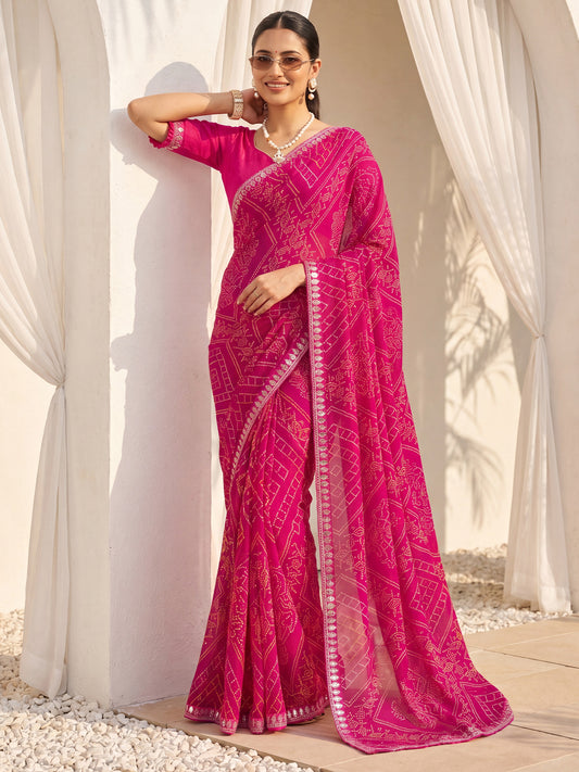 Rani Pink Geometric Bandhani Print & Sequins Embroidered Border Georgette Saree