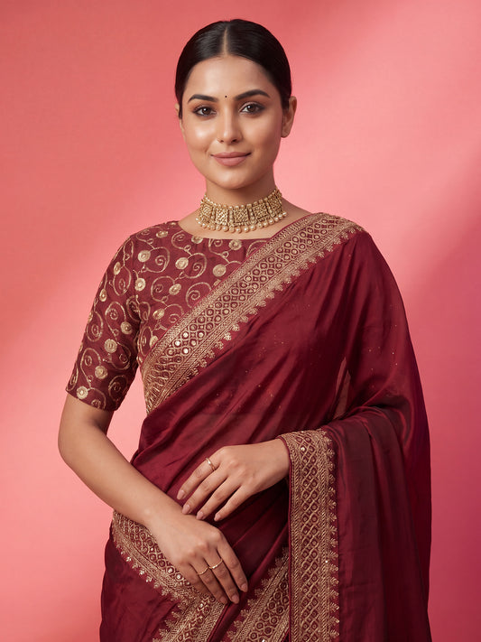 Deep Wine Maroon Silk Saree