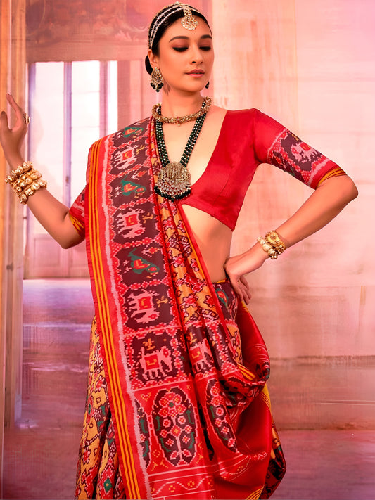 Red Patola Silk Saree with Traditional Motifs