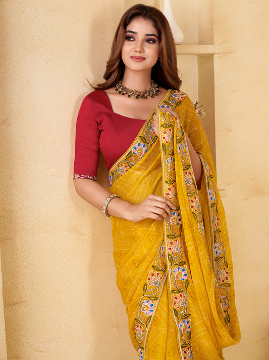 Embroidered Pure Chiffon Bandhani Saree
